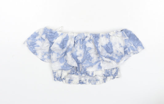 Hollister Womens Blue Geometric Viscose Cropped T-Shirt Size XS Off the Shoulder - Tie Dye, Bardot, Shirred
