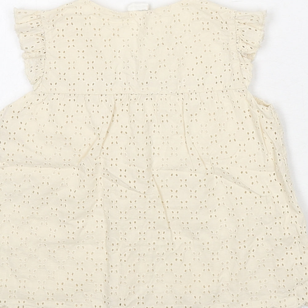 H&M Girls Beige Geometric 100% Cotton Basic Button-Up Size 12-18 Months Round Neck Button - Embroidered Detail