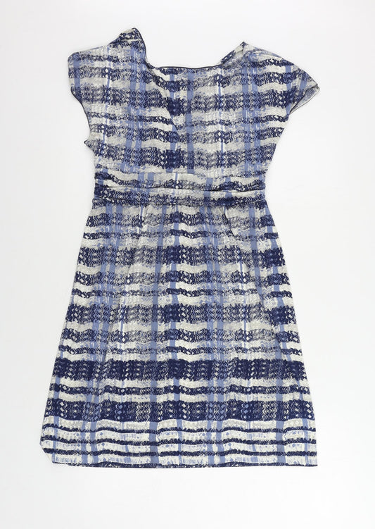 Max Studio Womens Blue Geometric Polyester A-Line Size L V-Neck Pullover