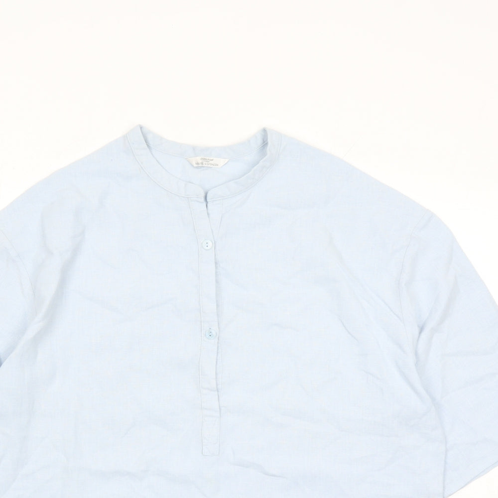 St Michael Womens Blue Linen Basic Blouse Size 14 Round Neck - Vintage