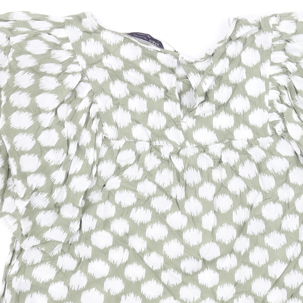 Marks and Spencer Womens Green Geometric Cotton Basic Blouse Size 6 Round Neck - Frill