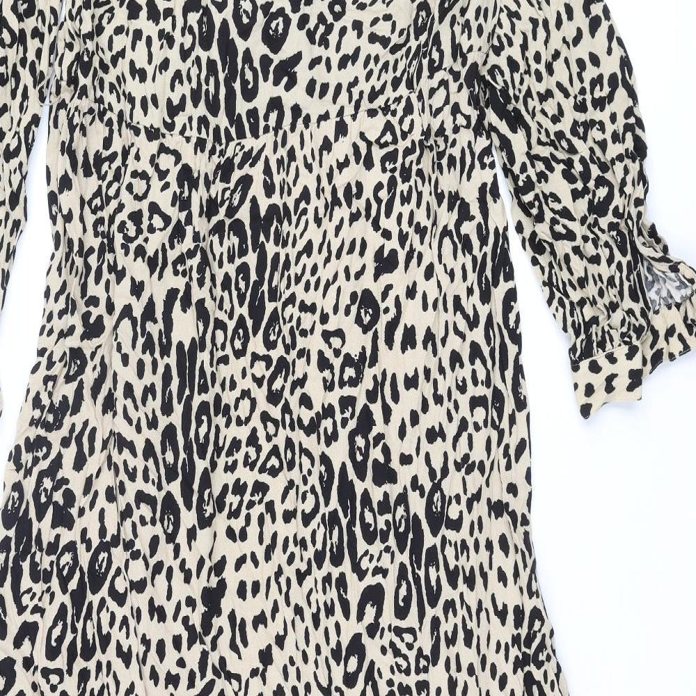 Marks and Spencer Womens Beige Animal Print Viscose Shift Size 12 Round Neck Button - Leopard Print