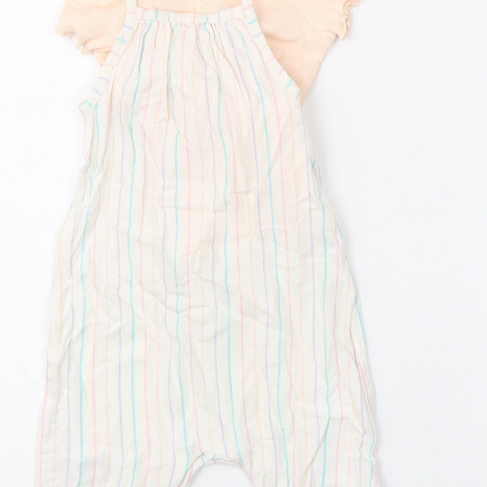Brand and care label for Marks & Spencer girls’ multicoloured striped viscose romper outfit/set, size 3-6, months snap