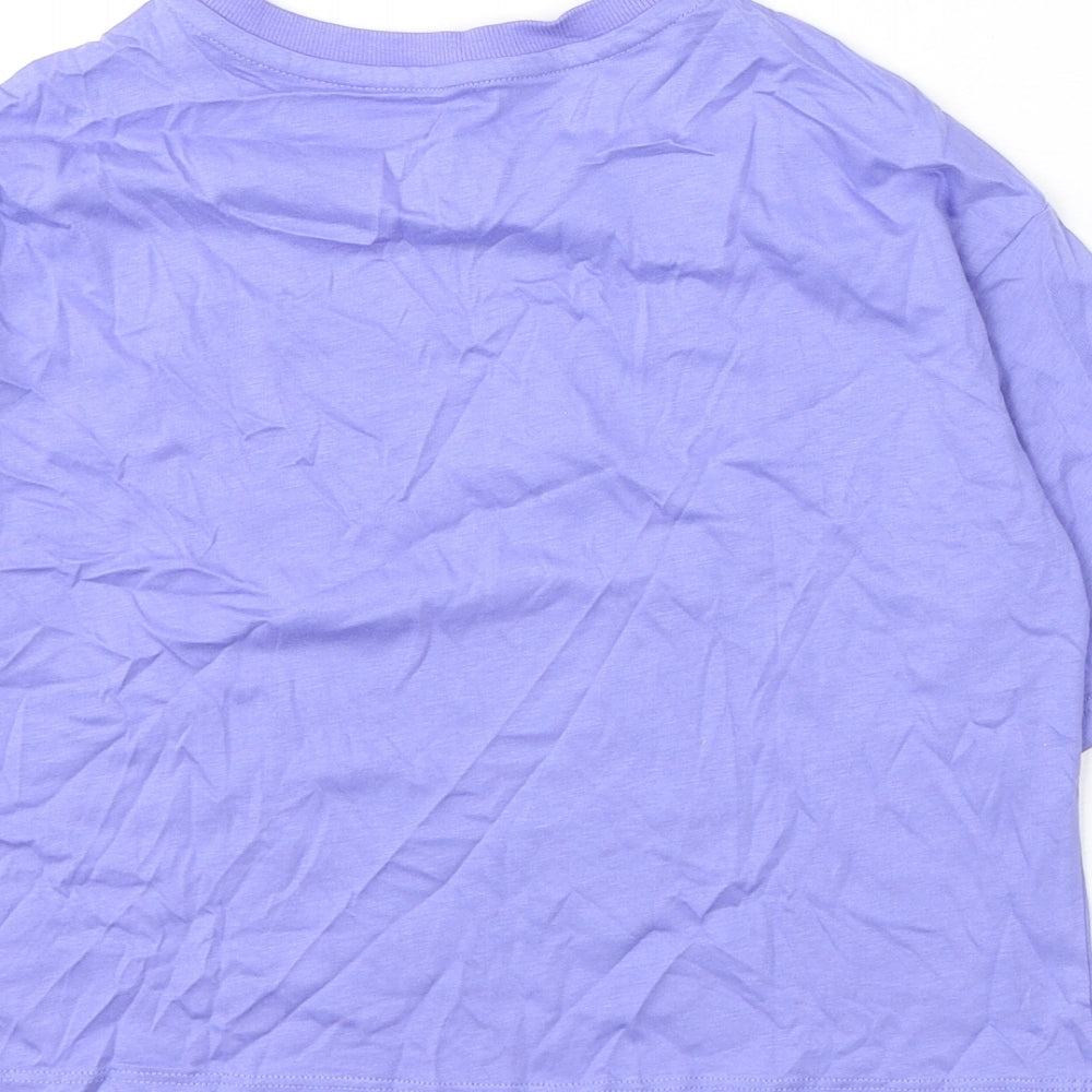 Brand and care label for Marks & Spencer girls’ purple polyester cropped t-shirt, years round neck pullover - peace love
