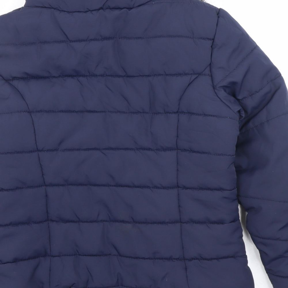 Brand and care label for H&M girls’ blue puffer jacket coat, size 11-12, years zip