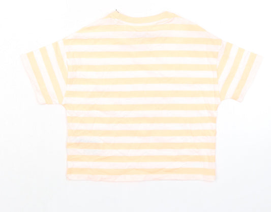 Marks and Spencer Girls Orange Striped Cotton Basic T-Shirt Size 7-8 Years Round Neck Pullover
