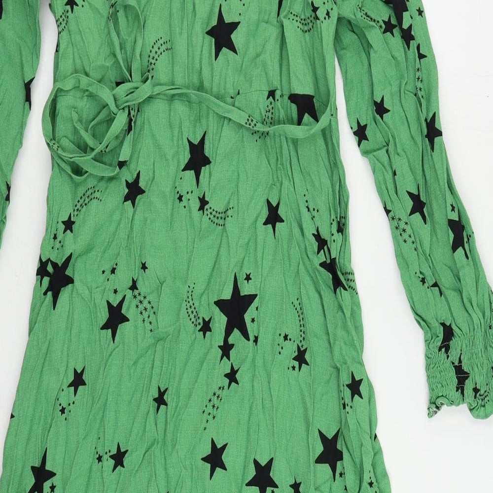 Marks and Spencer Womens Green Geometric Viscose A-Line Size 10 V-Neck Zip - Star Print