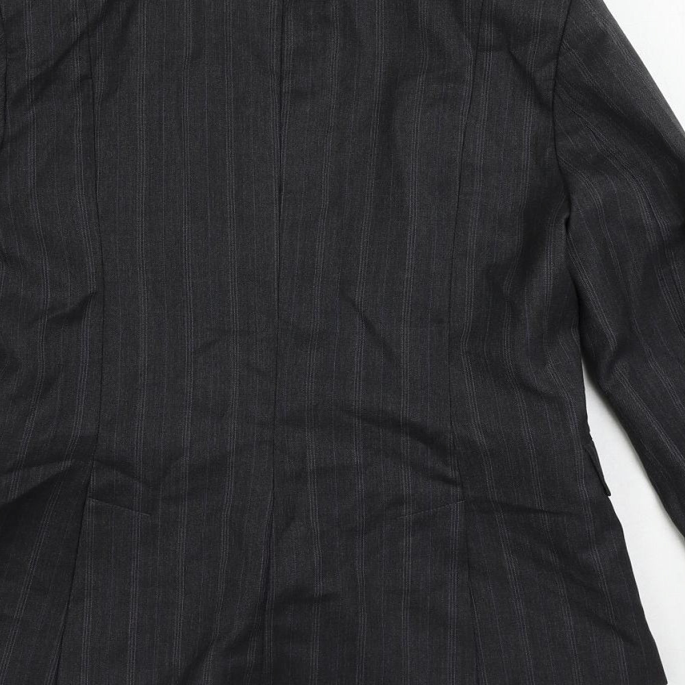 Brand and care label for French Connection women’s grey striped jacket blazer, size UK 12, button
