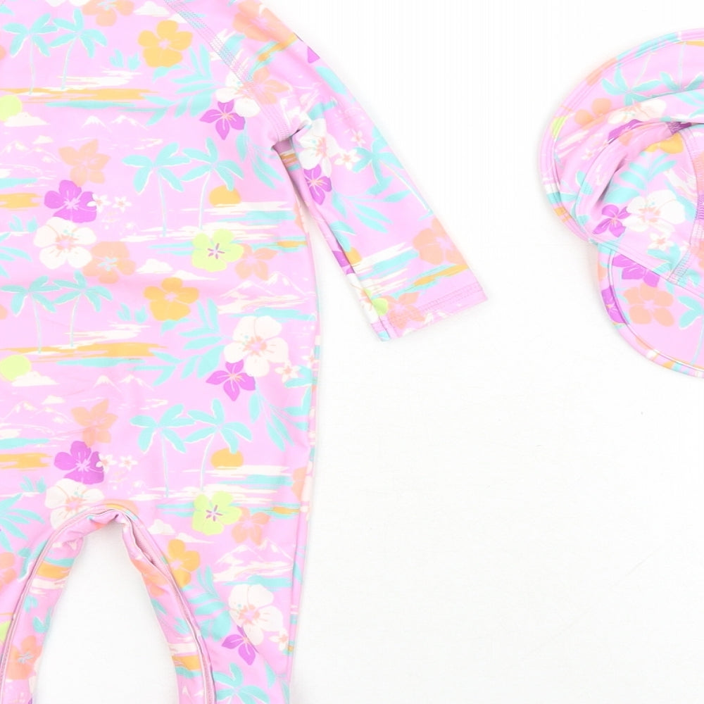 Brand and care label for Marks & Spencer girls’ purple floral polyester bodysuit outfit/set, months zip - swim suit hat