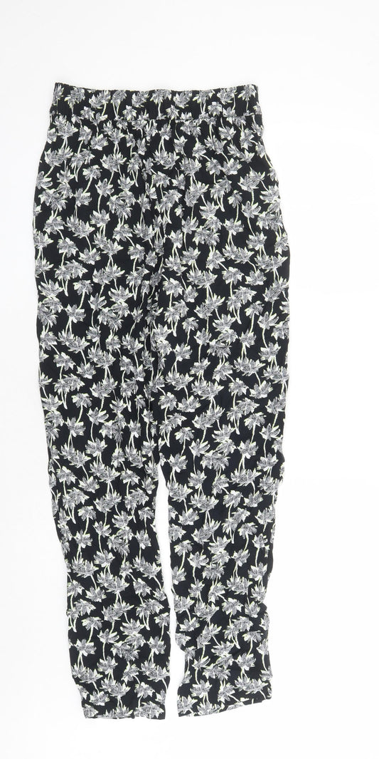 Marks and Spencer Womens Black Geometric Viscose Carrot Trousers Size 8 L29 in Regular - Elasticated Waist Long Leg