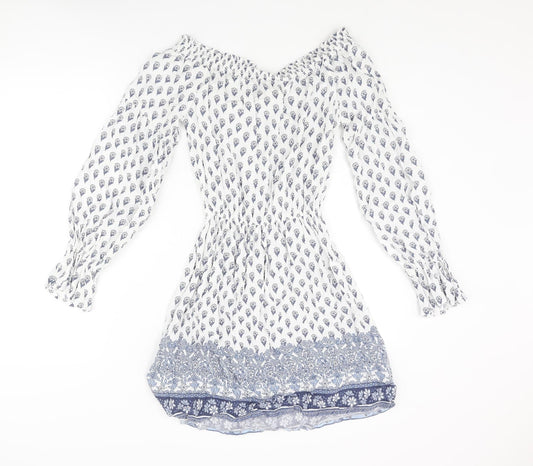 Hollister Womens White Geometric Viscose A-Line Size S Boat Neck Pullover - Floral Print