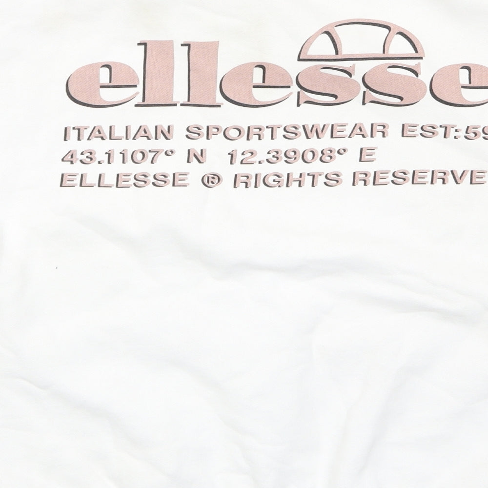 Brand and care label for Ellesse women’s white cotton pullover sweatshirt, size UK 6, pullover - logo