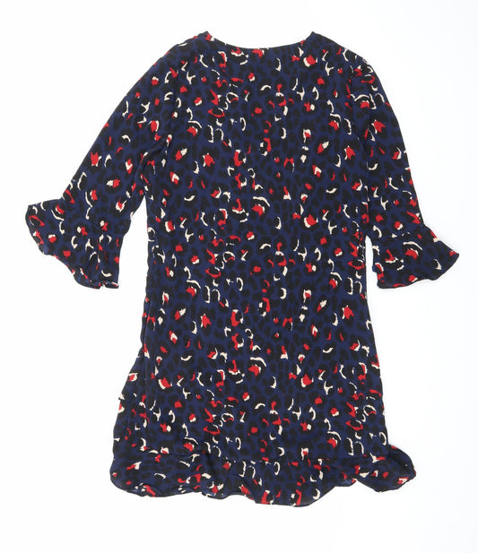 By Clara Womens Blue Animal Print Polyester A-Line Size M V-Neck Zip - Leopard print