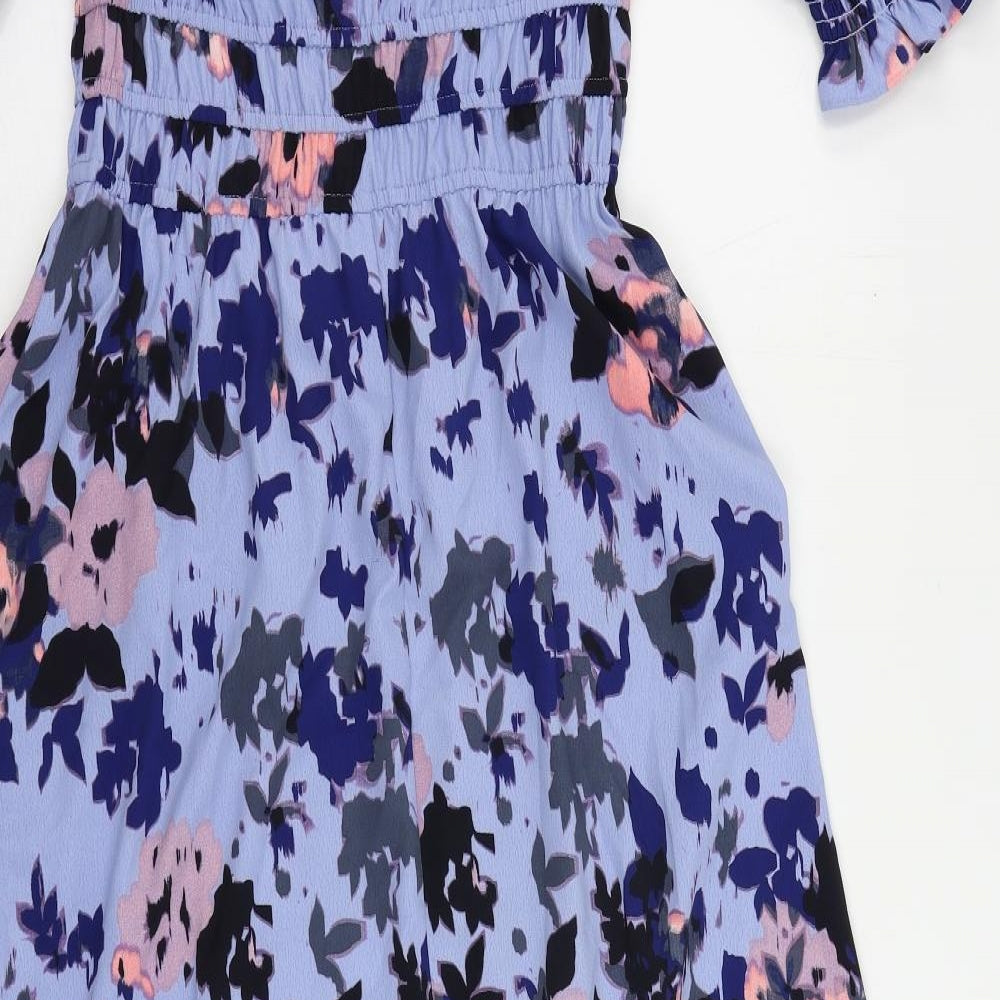 Marks and Spencer Womens Blue Geometric Polyester Maxi Size 6 V-Neck Button - Elastic Waist