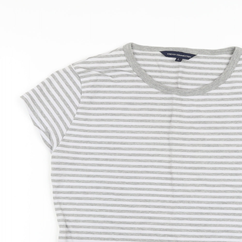 French Connection Womens Grey Striped Cotton Basic T-Shirt Size L Round Neck