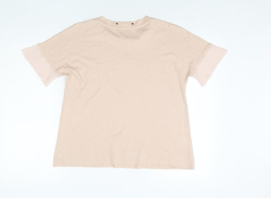 Marc Cain Womens Pink Cotton Basic T-Shirt Size 10 Round Neck - Rhinestone Neckline Detail