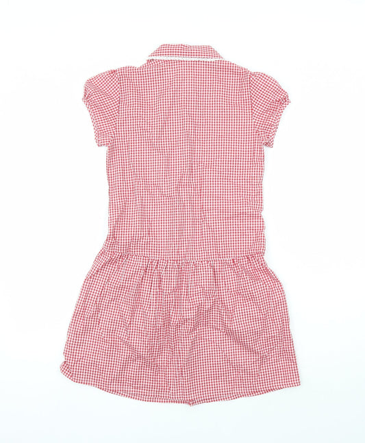 Marks and Spencer Girls Red Check Cotton A-Line Size 9-10 Years Collared Button