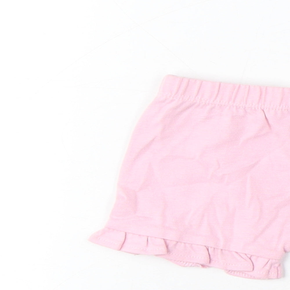 Brand and care label for Marks & Spencer girls’ pink cotton cropped trousers, size 0-3, months drawstring - lettuce edging