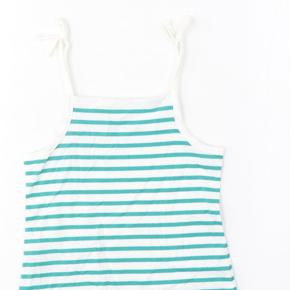 Brand and care label for Marks & Spencer girls’ blue striped cotton cropped tank, years square neck pullover - embroidered