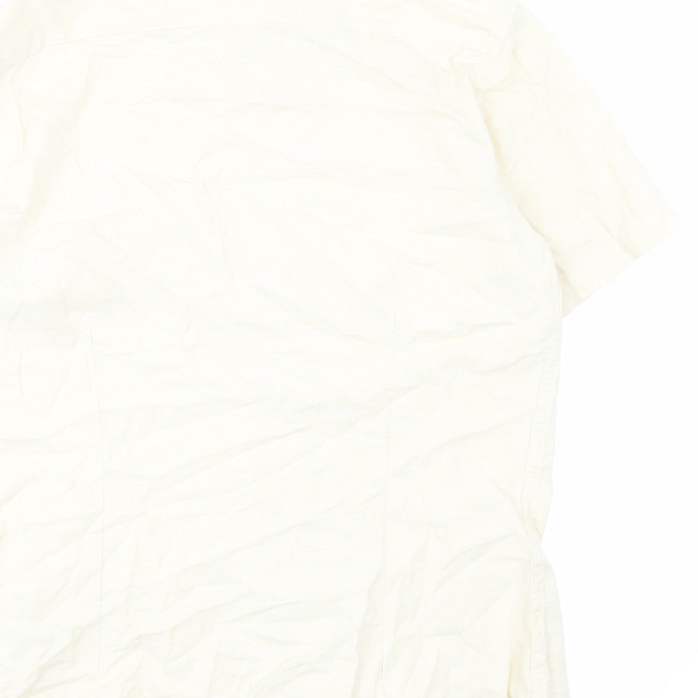 Brand and care label for ASOS men’s beige cotton button-up, size M, collared button