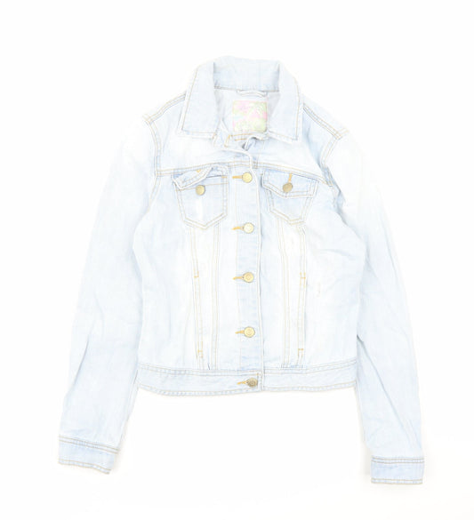 Additional front view of Denim & Co. women’s blue jacket, size UK 6, button - distressed look