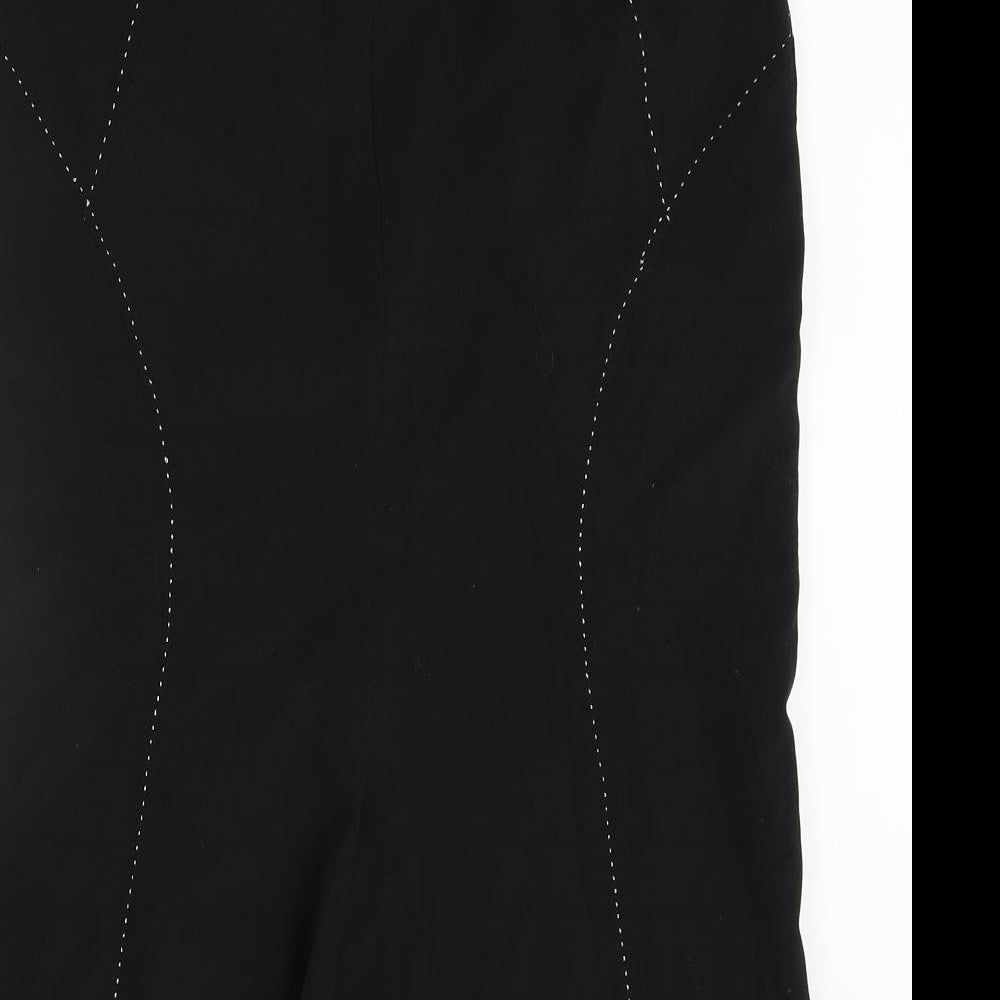 Brand and care label for Principles women’s black polyester straight & pencil skirt, size UK 10, zip - stitch detail