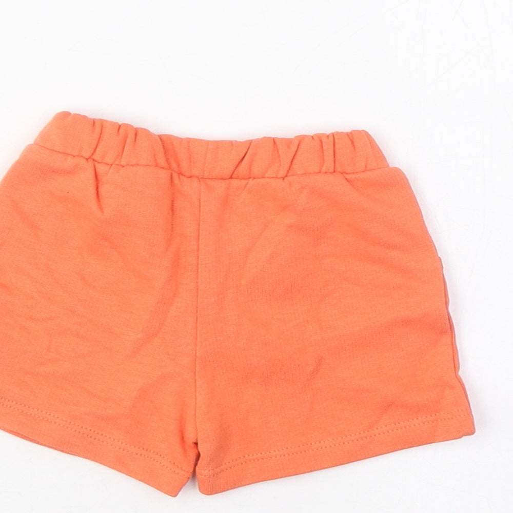 Brand and care label for Marks & Spencer boys’ orange cotton cropped trousers, size 0-3, months drawstring - turtle