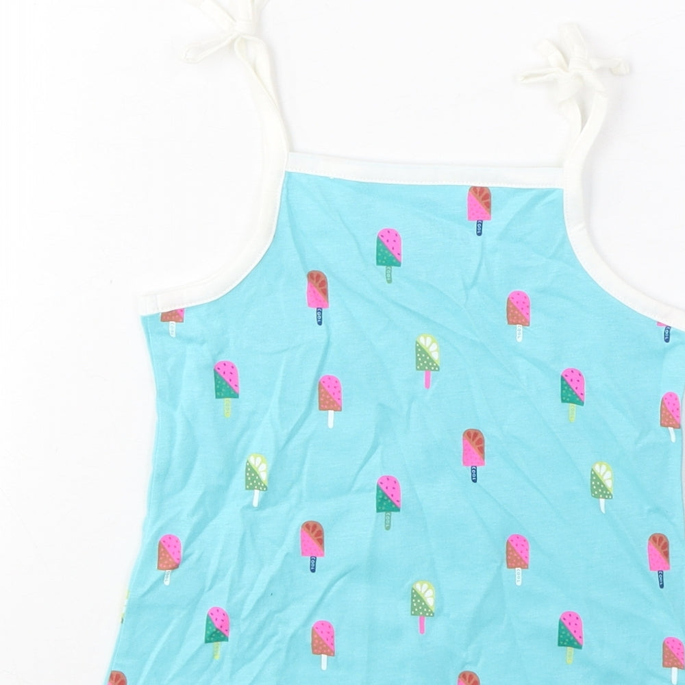 Brand and care label for Marks & Spencer girls’ blue geometric cotton cropped tank, size 3-4, years square neck pullover