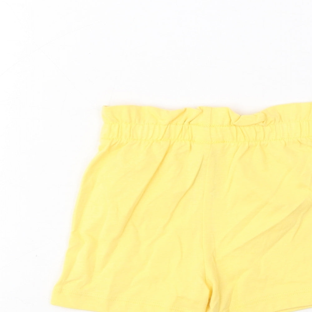 Brand and care label for Marks & Spencer girls’ yellow cotton cropped trousers, size 3-6, months pullover - lemon