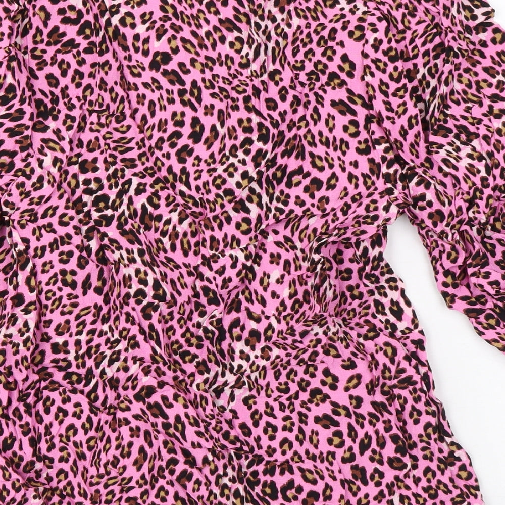 Marks and Spencer Womens Pink Animal Print Viscose Basic Button-Up Size 10 V-Neck
