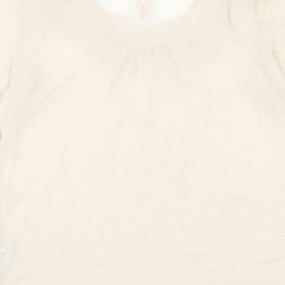Brand and care label for Red Herring women’s beige polyester basic t-shirt, size UK 12, scoop neck