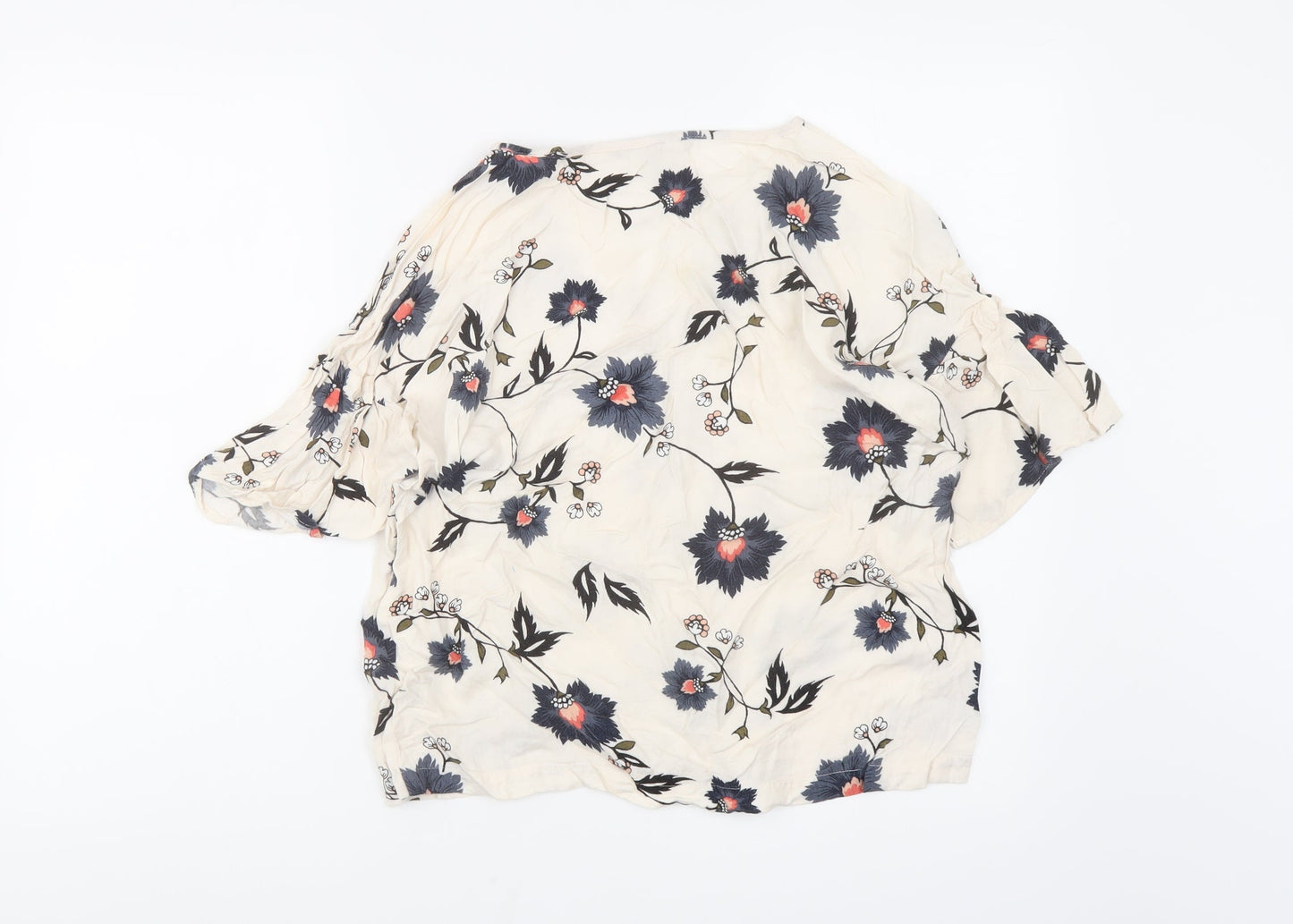 VERO MODA Womens Ivory Floral Viscose Basic Blouse Size M Round Neck - keyhole Neckline