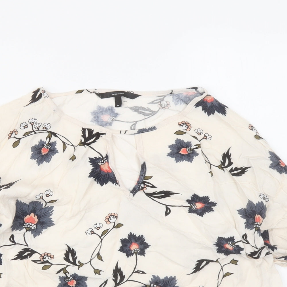 VERO MODA Womens Ivory Floral Viscose Basic Blouse Size M Round Neck - keyhole Neckline