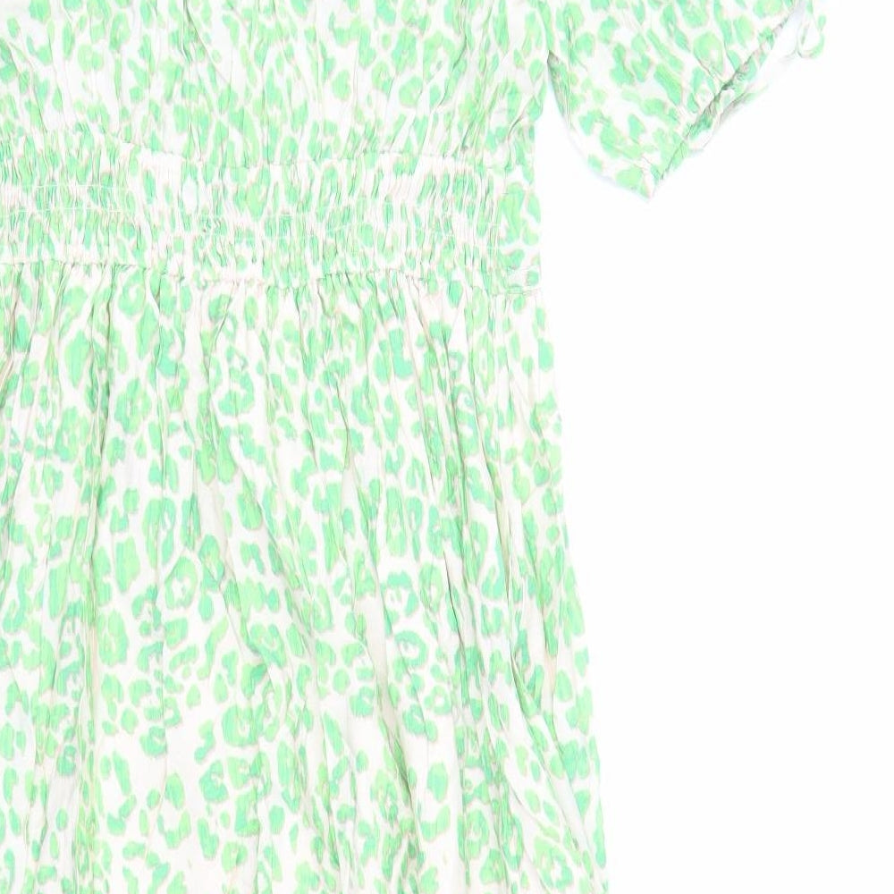 Marks and Spencer Womens Green Animal Print Viscose Trapeze & Swing Size 10 V-Neck Pullover - Leopard Pattern