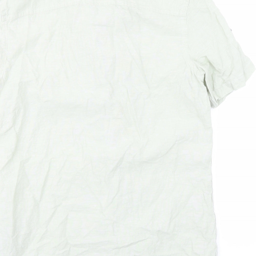 Brand and care label for ASOS men’s green linen button-up, size M, collared button