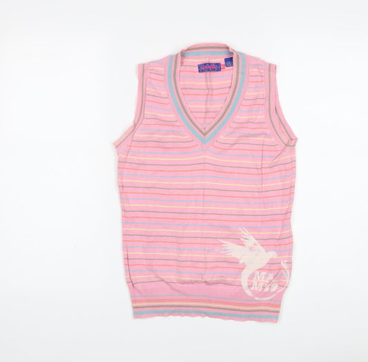 Mambo Womens Pink V-Neck Striped Cotton Vest Jumper Size M