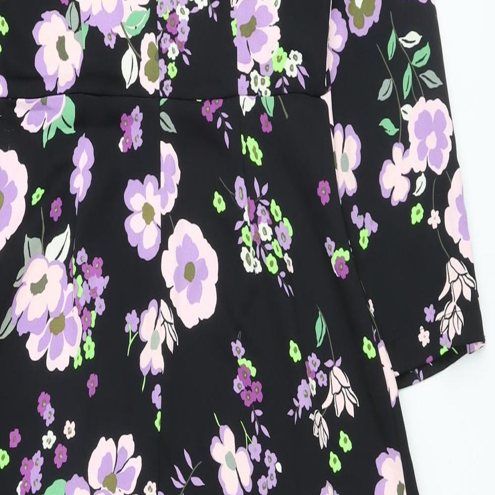 Marks and Spencer Womens Black Floral Polyester A-Line Size 8 Mock Neck Zip