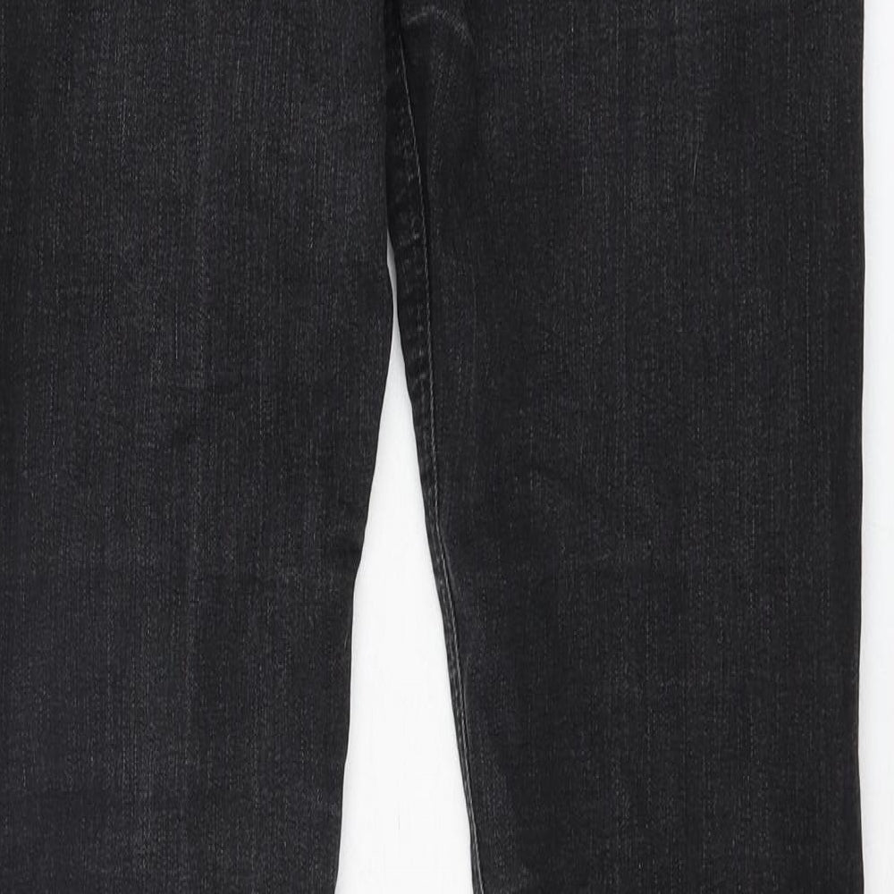 Brand and care label for Denim & Co. women’s black cotton tapered jeans, size UK 10, 32-inch leg regular zip