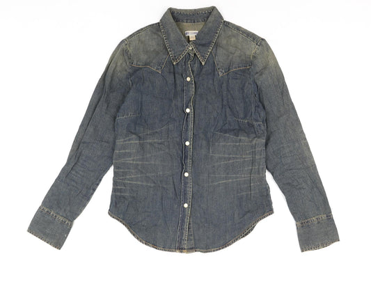 Gap Womens Blue Cotton Basic Button-Up Size S Collared - Distressed Look