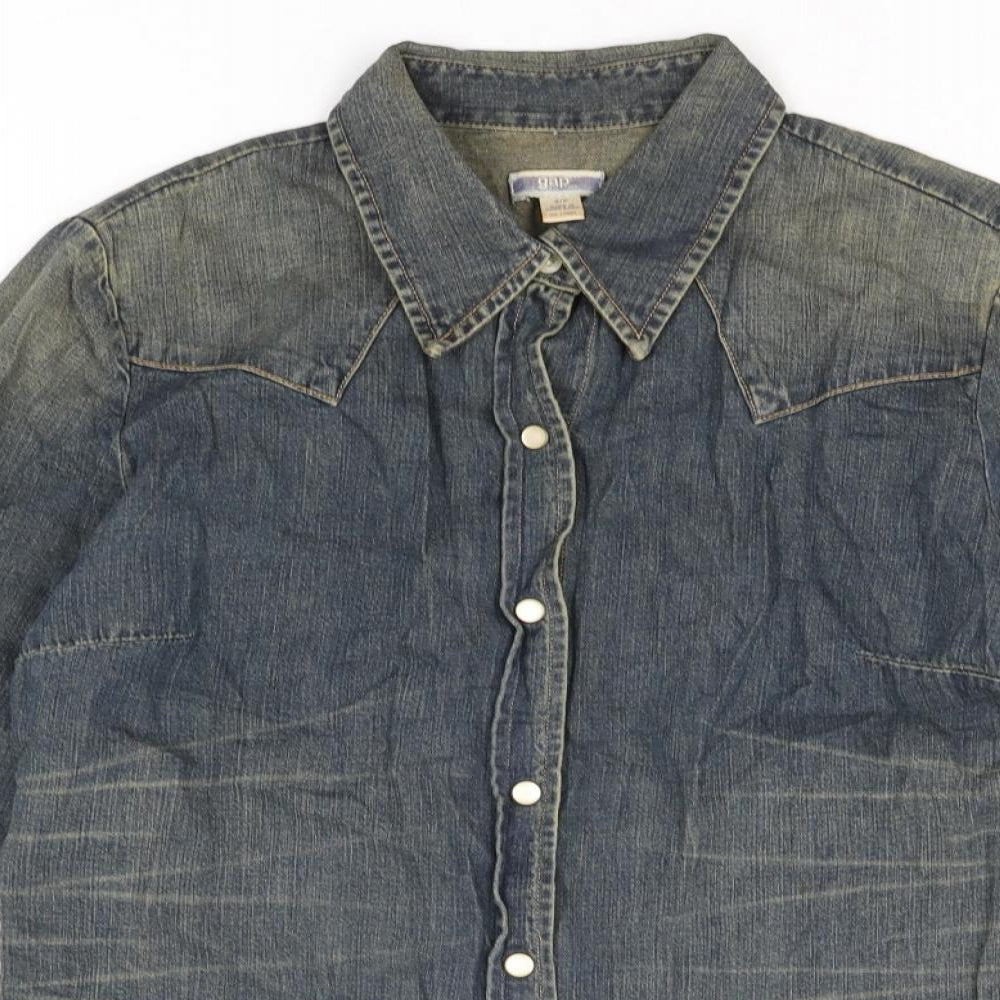 Gap Womens Blue Cotton Basic Button-Up Size S Collared - Distressed Look