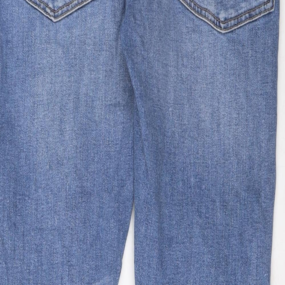 Brand and care label for Easy men’s blue cotton skinny jeans, size 32, in, 30-inch leg regular zip - pockets