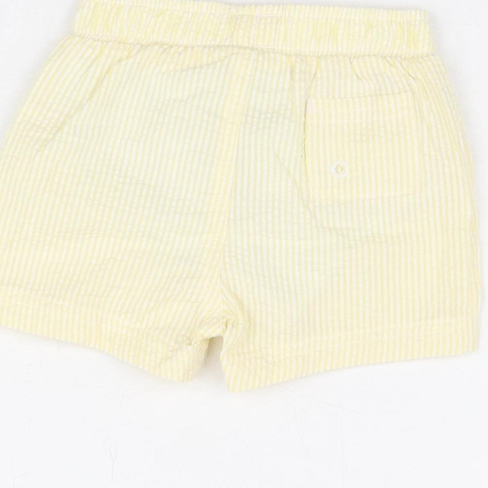 Brand and care label for Marks & Spencer boys’ yellow striped cotton shorts outfit/set, months drawstring - swim shorts