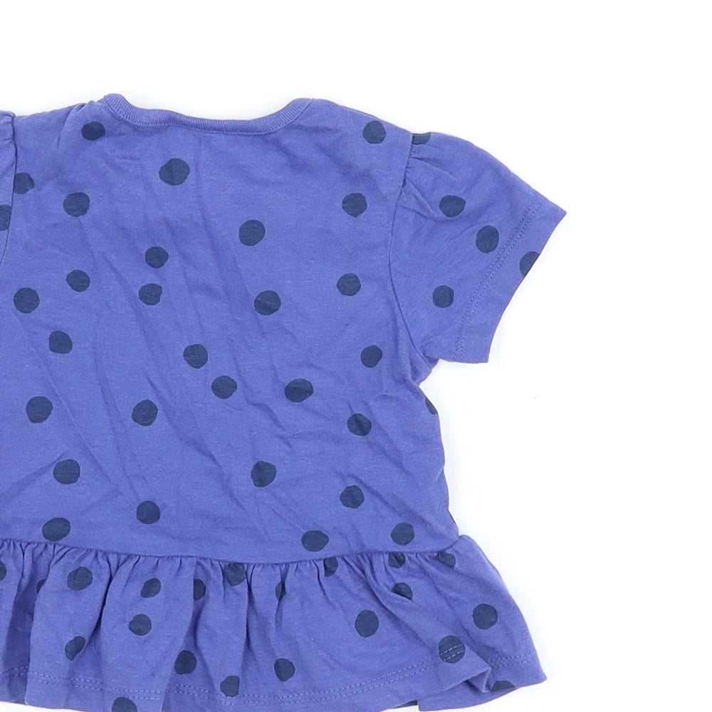 Marks and Spencer Girls Blue Polka Dot Cotton Basic T-Shirt Size 6-9 Months Round Neck Snap