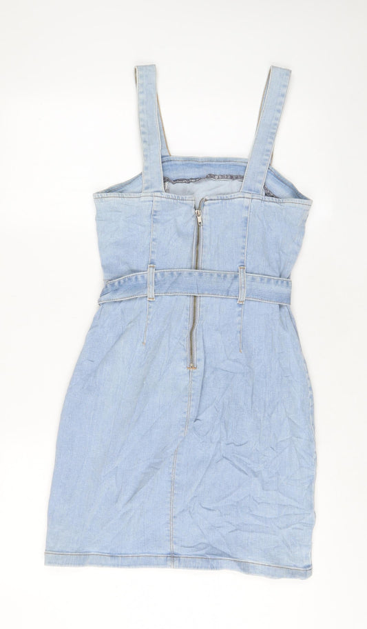 Denim & Co. Womens Blue Cotton Pinafore/Dungaree Dress Size 10 Square Neck Zip - Belted