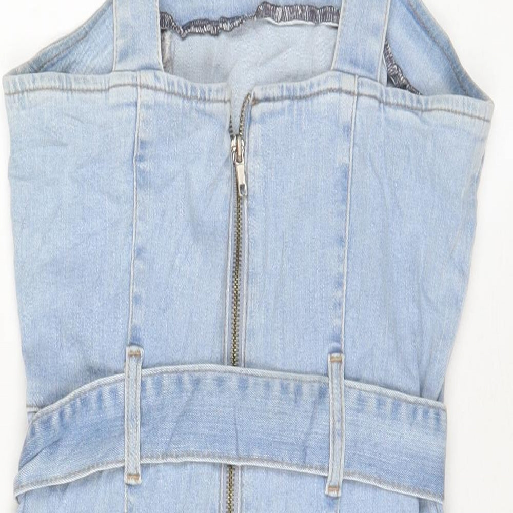 Denim & Co. Womens Blue Cotton Pinafore/Dungaree Dress Size 10 Square Neck Zip - Belted
