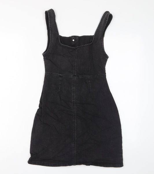 Denim & Co. Womens Grey Cotton Pinafore/Dungaree Dress Size 6 Square Neck Button