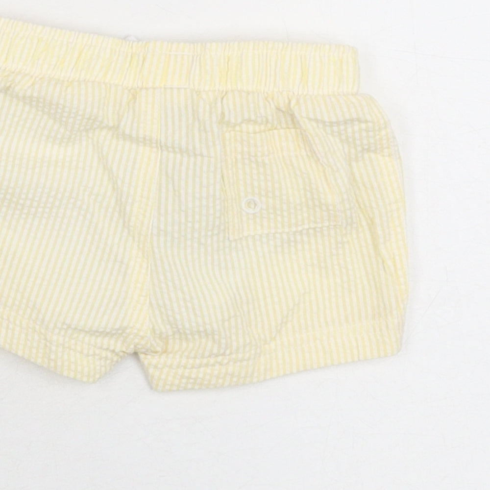 Brand and care label for Marks & Spencer boys’ yellow striped polyester shorts outfit/set, months drawstring - swim short