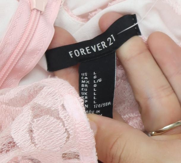 Brand and care label for Forever 21 Pink Lace Dress, L, Sleeveless, Party/Wedding