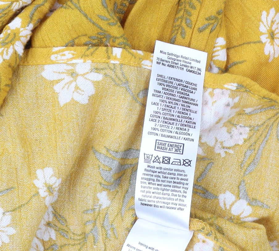 Brand and care label for Miss Selfridge Women's Yellow Floral Off-Shoulder Dress