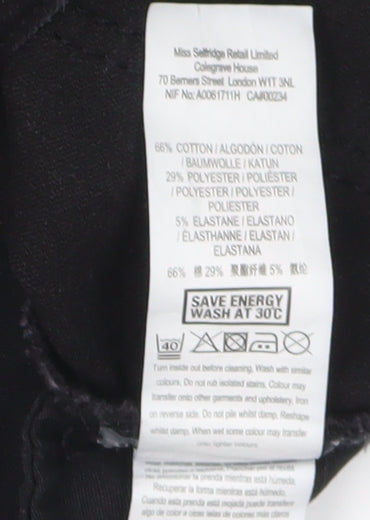 Brand and care label for Miss Selfridge Women's Black Skinny Jeans, size 10